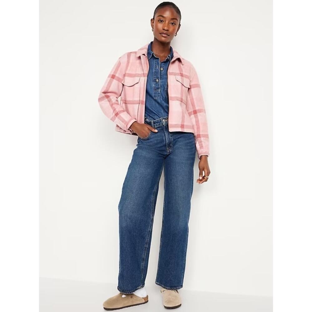 Old Navy Pink Plaid Relaxed Shirt Jacket Full Zip Cropped Utility Shacket M - Picture 2 of 12
